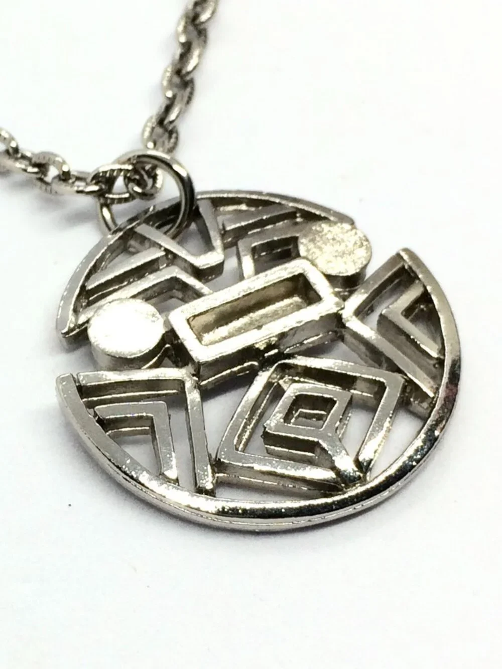 VINTAGE SILVER TONE Necklace Abstract Medallion Layered Chain Geometric